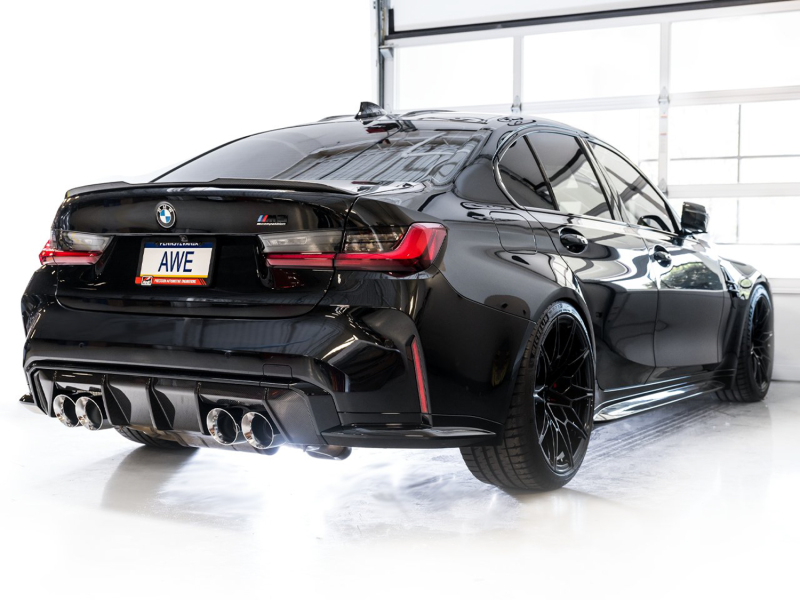 BMW M3 Performance Exhaust - AWE Tuning - Track Edition Cat-Back, Chrome Silver Quad 4.5 in Double-Walled Slash-Cut Tips - Chrome Silver - `21-`27